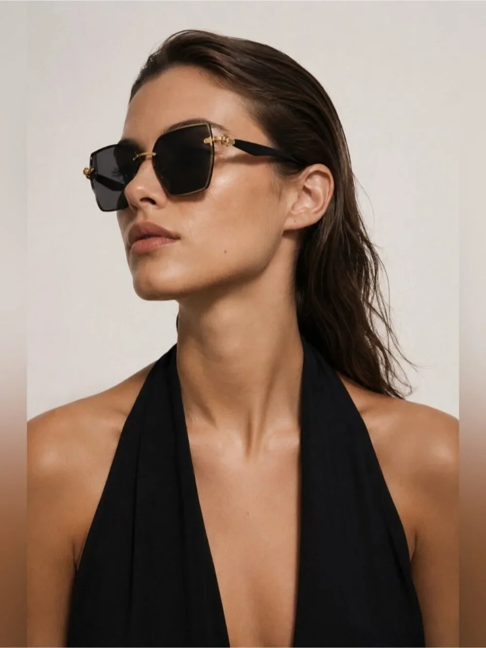 Vintage-Inspired Rimless Square Sunglasses Black & Gold